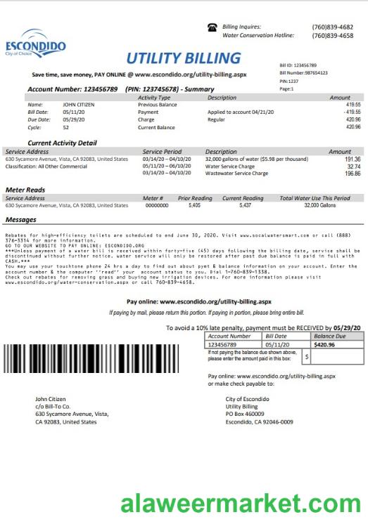 USA California Escondido City of Choice utility bill template in Word and PDF format